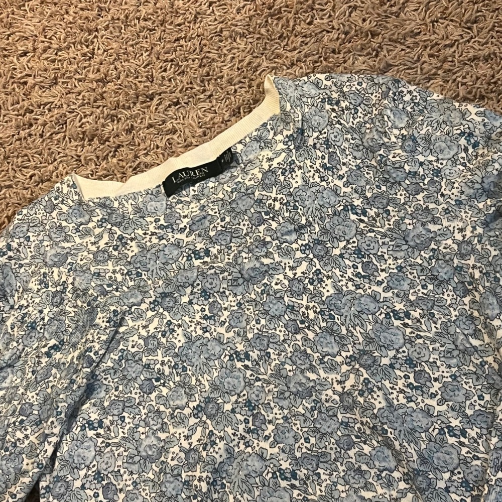 Lauren Ralph Lauren Blue Floral Crew Neck 3/4 Sleeve Knit Sweater Womens Medium